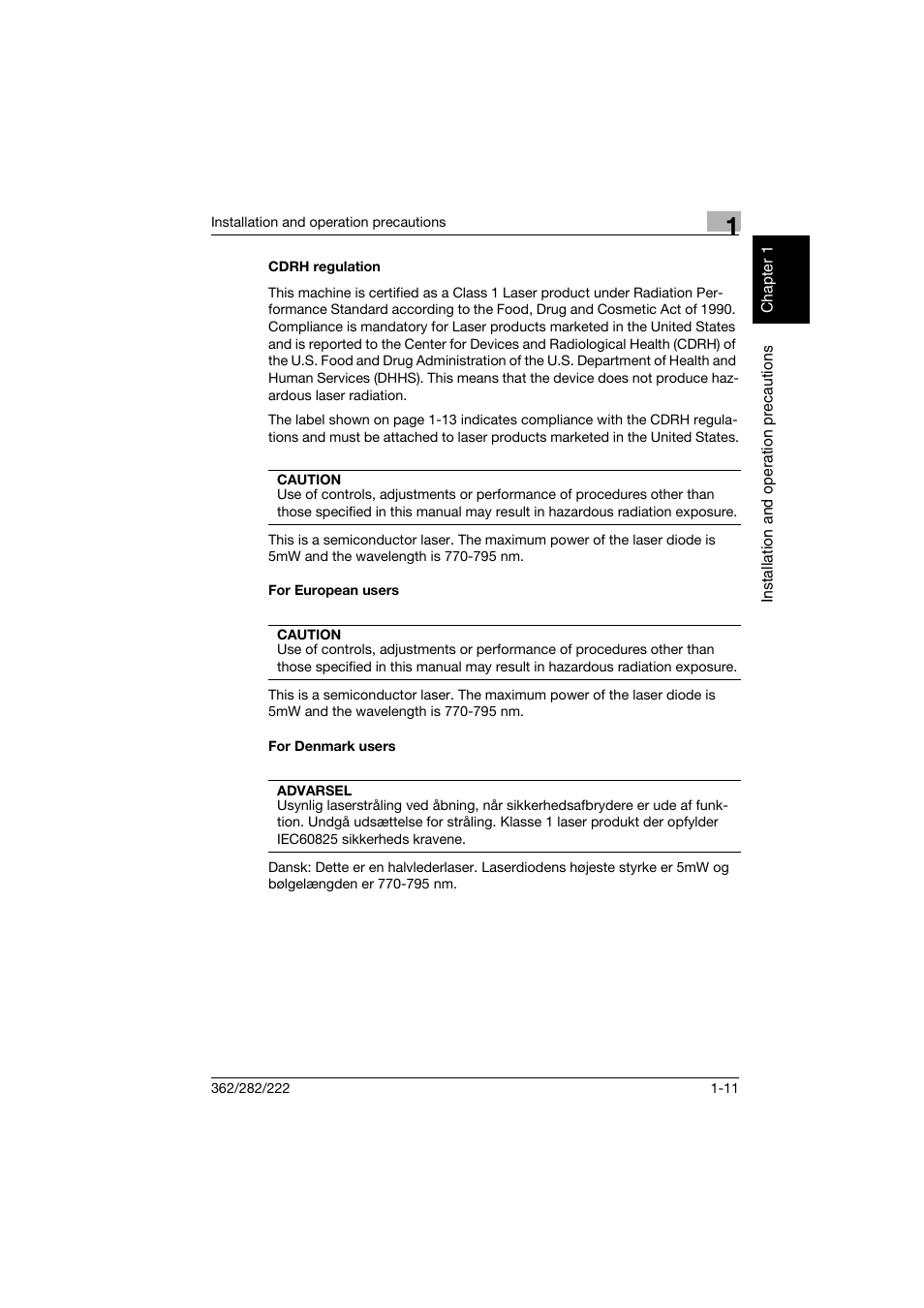 Cdrh regulation, For european users, For denmark users | Konica Minolta bizhub 282 User Manual | Page 42 / 424
