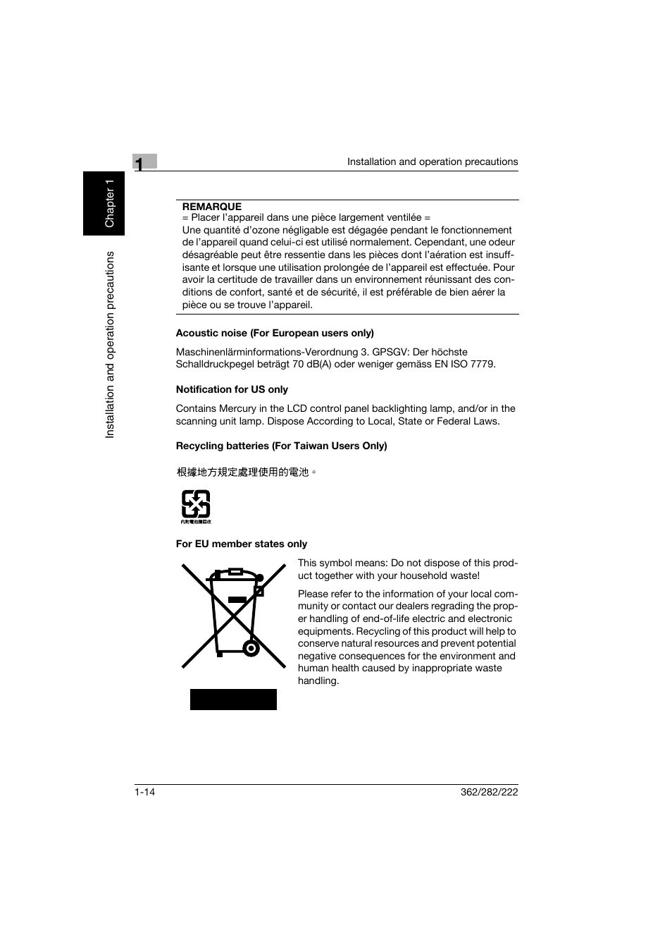 Acoustic noise (for european users only), Notification for us only, Recycling batteries (for taiwan users only) | For eu member states only | Konica Minolta bizhub 282 User Manual | Page 45 / 424
