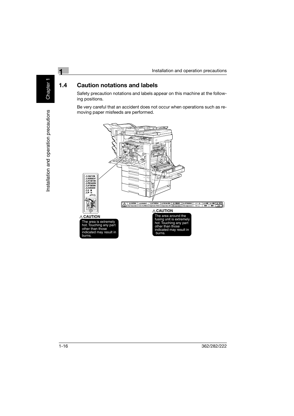 4 caution notations and labels, Caution notations and labels -16 | Konica Minolta bizhub 282 User Manual | Page 47 / 424