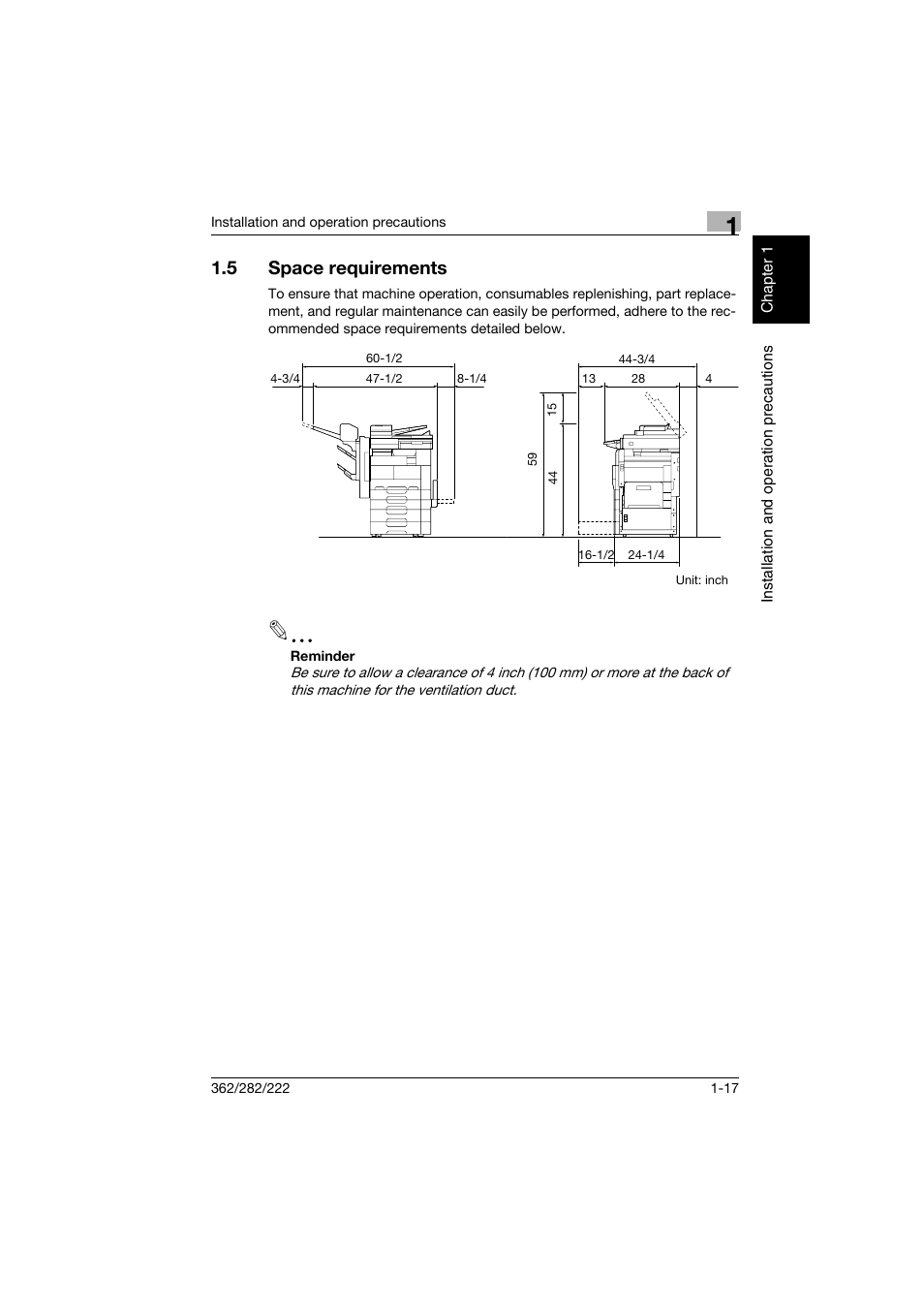 5 space requirements, Space requirements -17 | Konica Minolta bizhub 282 User Manual | Page 48 / 424