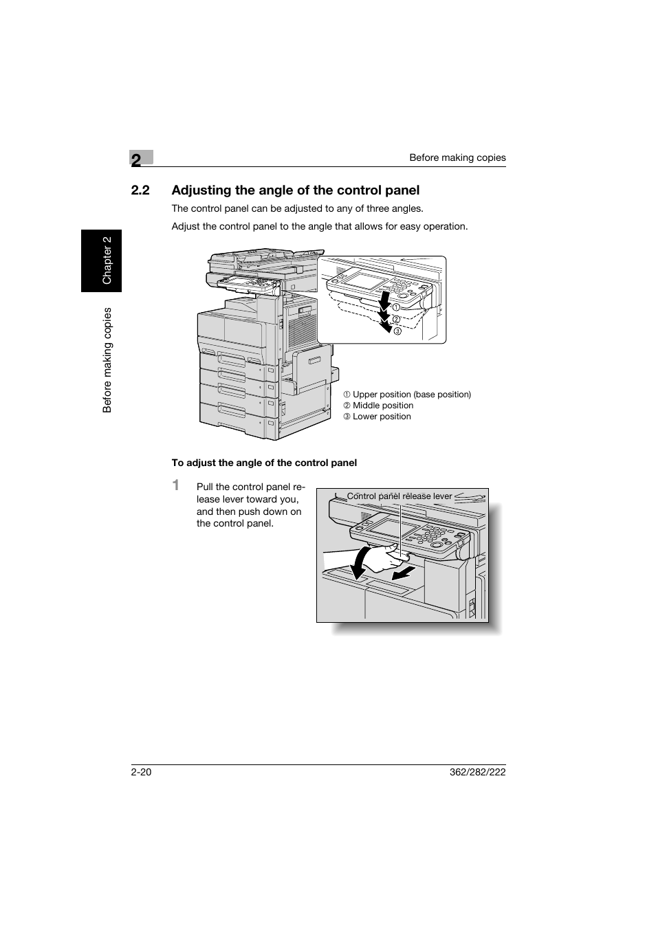 2 adjusting the angle of the control panel, To adjust the angle of the control panel, Adjusting the angle of the control panel -20 | To adjust the angle of the control panel -20 | Konica Minolta bizhub 282 User Manual | Page 69 / 424