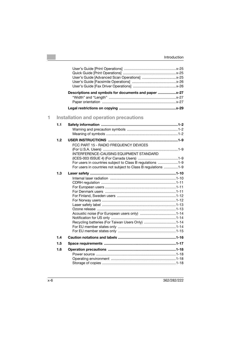 1installation and operation precautions | Konica Minolta bizhub 282 User Manual | Page 7 / 424