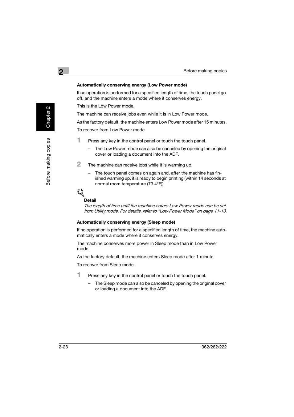 Automatically conserving energy (low power mode), Automatically conserving energy (sleep mode) | Konica Minolta bizhub 282 User Manual | Page 77 / 424