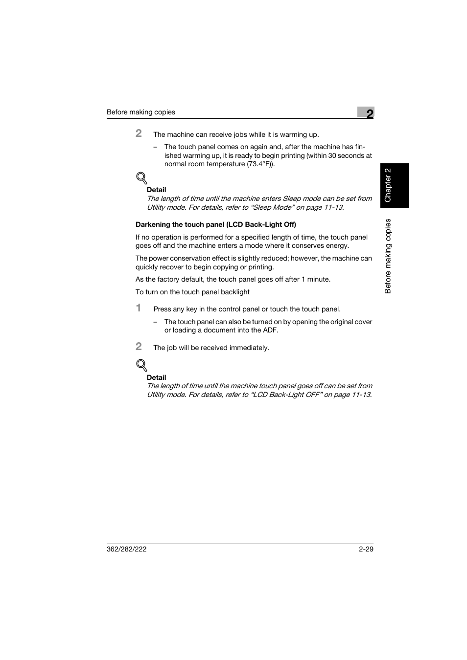 Darkening the touch panel (lcd back-light off), Darkening the touch panel (lcd back-light off) -29 | Konica Minolta bizhub 282 User Manual | Page 78 / 424