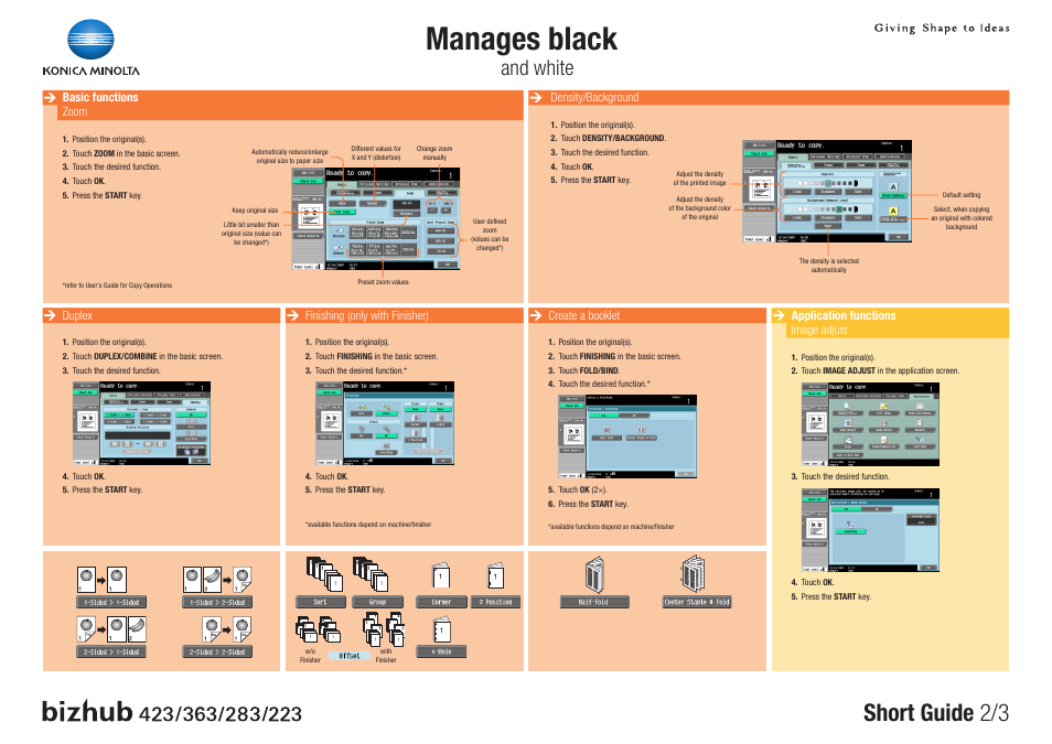 Manages black, Short guide 2/3, And white | Konica Minolta BIZHUB 223 User Manual | Page 2 / 3