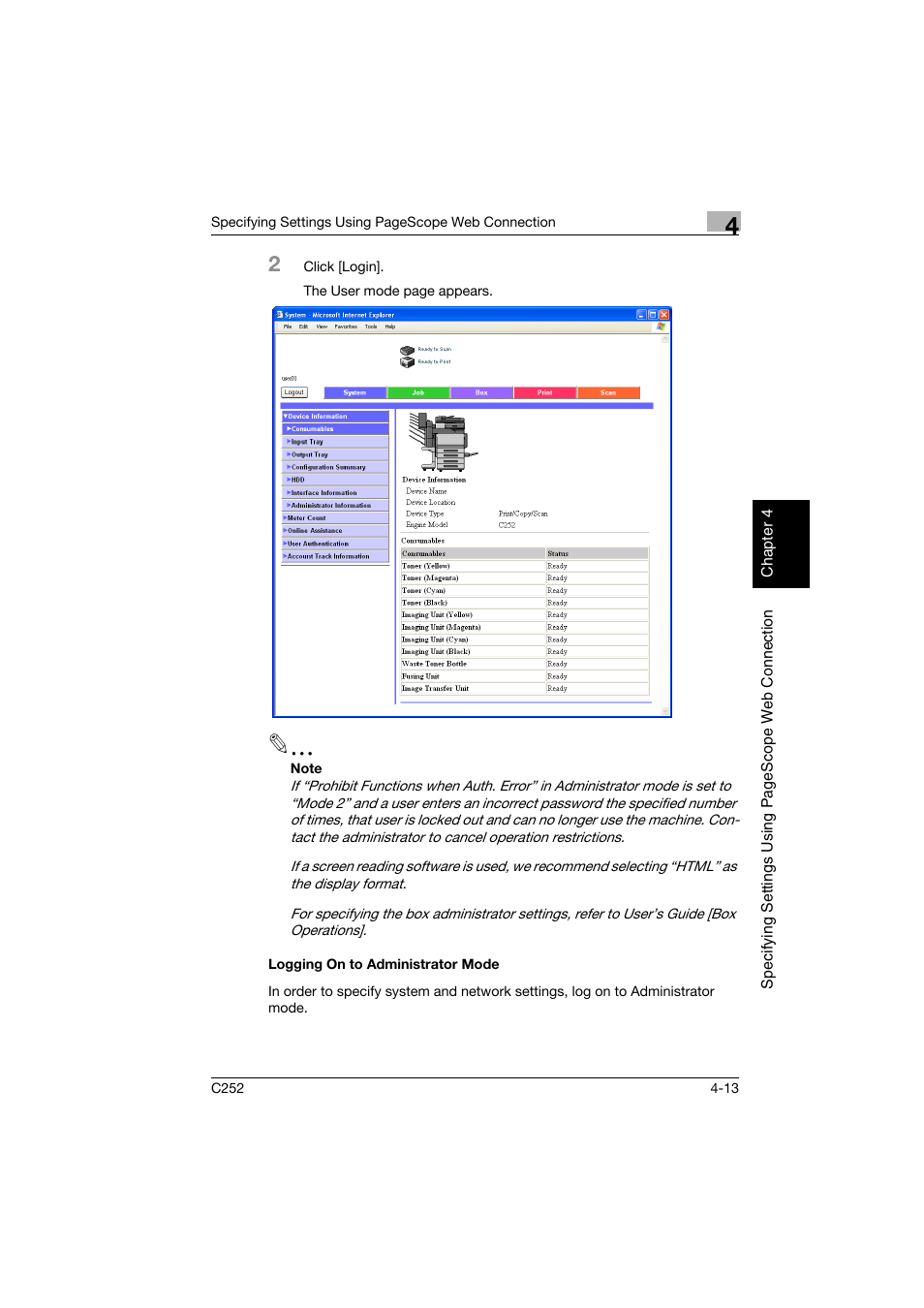 Logging on to administrator mode, Logging on to administrator mode -13 | Konica Minolta BIZHUB C252 User Manual | Page 272 / 396