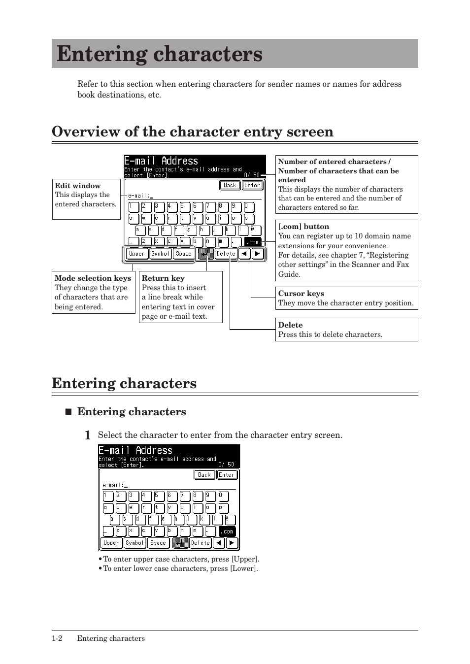Entering characters, Overview of the character entry screen, Entering characters -2 | Konica Minolta bizhub 25e User Manual | Page 15 / 128