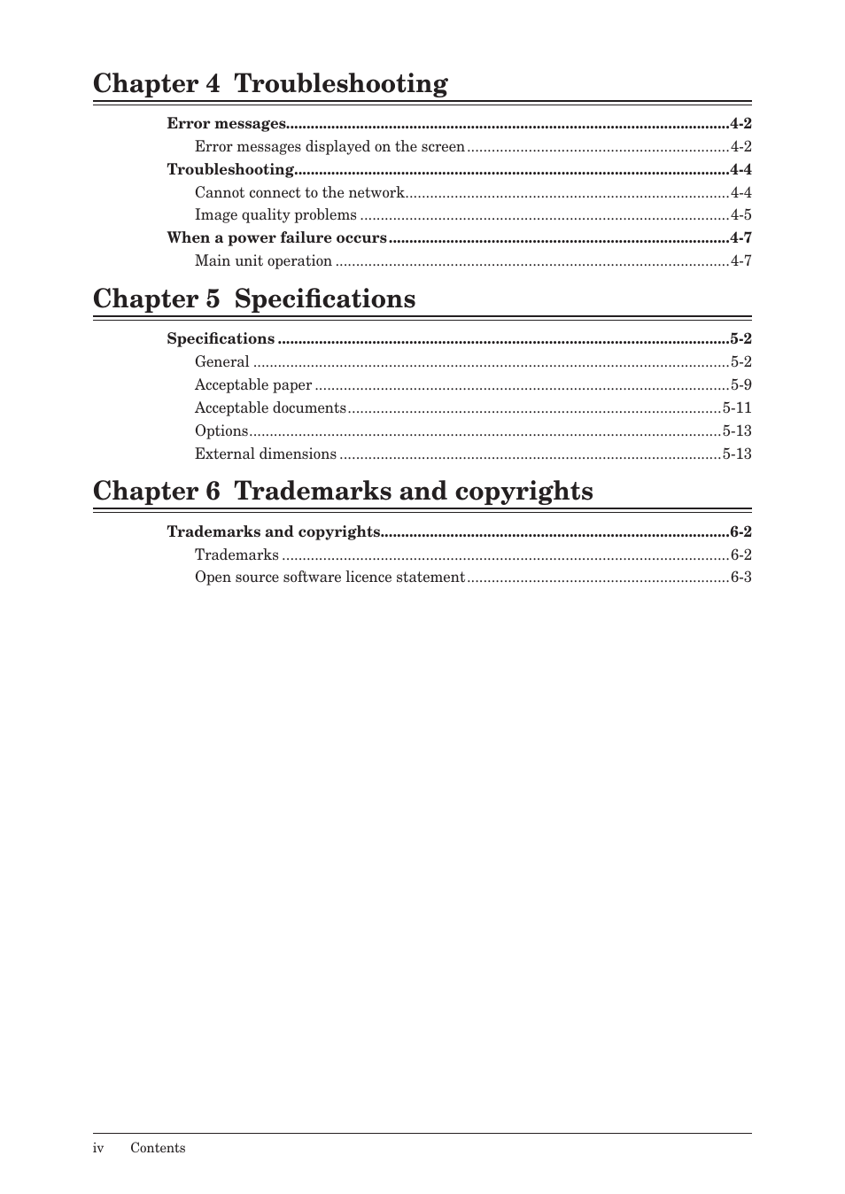 Chapter 4 troubleshooting, Chapter 5 specifications, Chapter 6 trademarks and copyrights | Konica Minolta bizhub 25e User Manual | Page 5 / 128