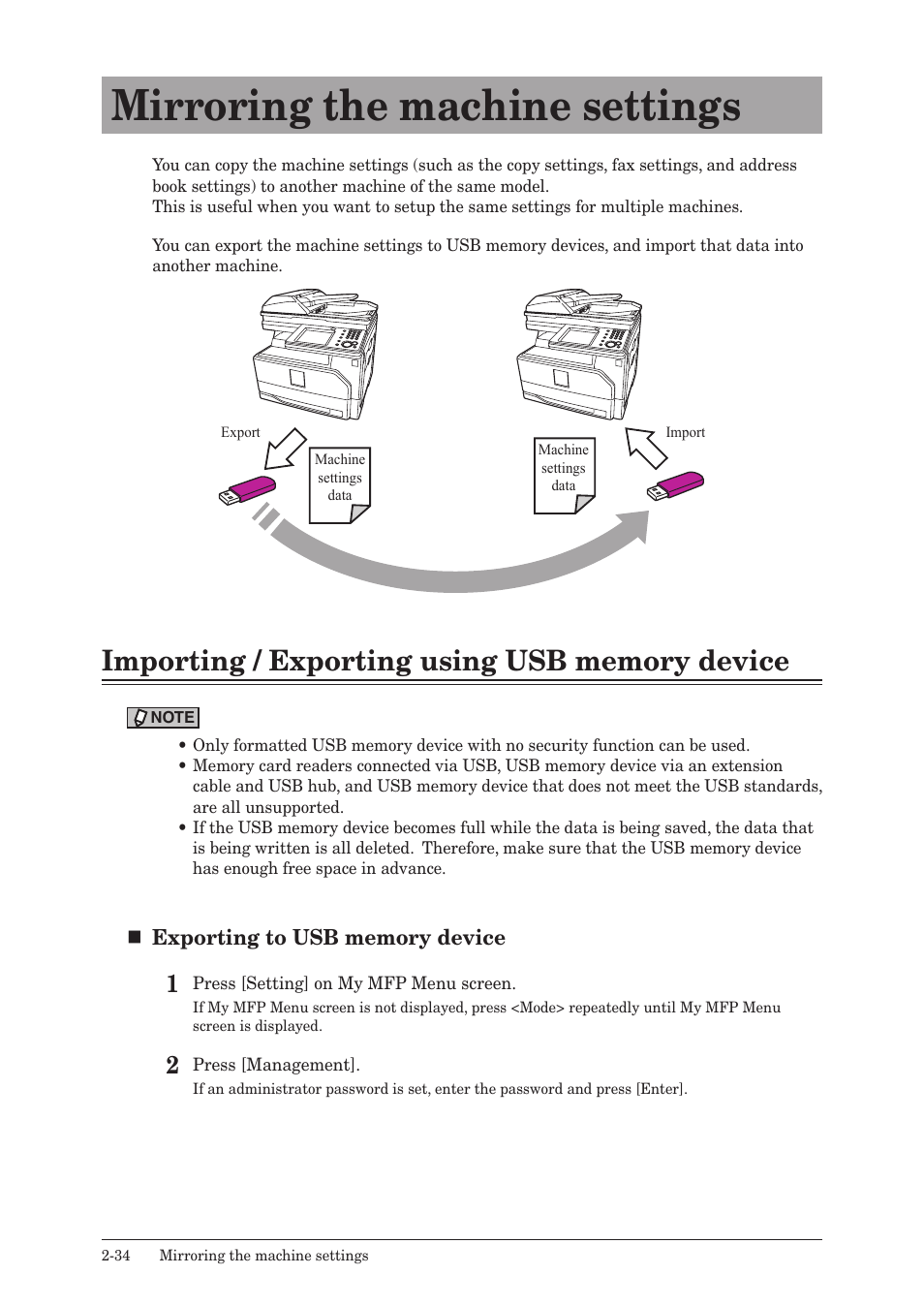Mirroring the machine settings, Importing / exporting using usb memory device, Mirroring the machine settings -34 | Importing / exporting using usb memory device -34 | Konica Minolta bizhub 25e User Manual | Page 81 / 128