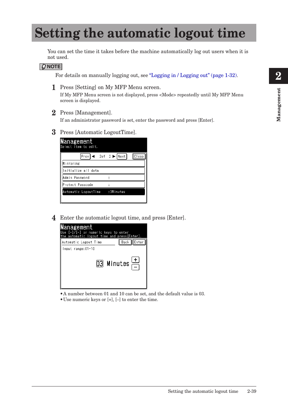 Setting the automatic logout time, Setting the automatic logout time -39, Setting the automatic logout | Konica Minolta bizhub 25e User Manual | Page 86 / 128