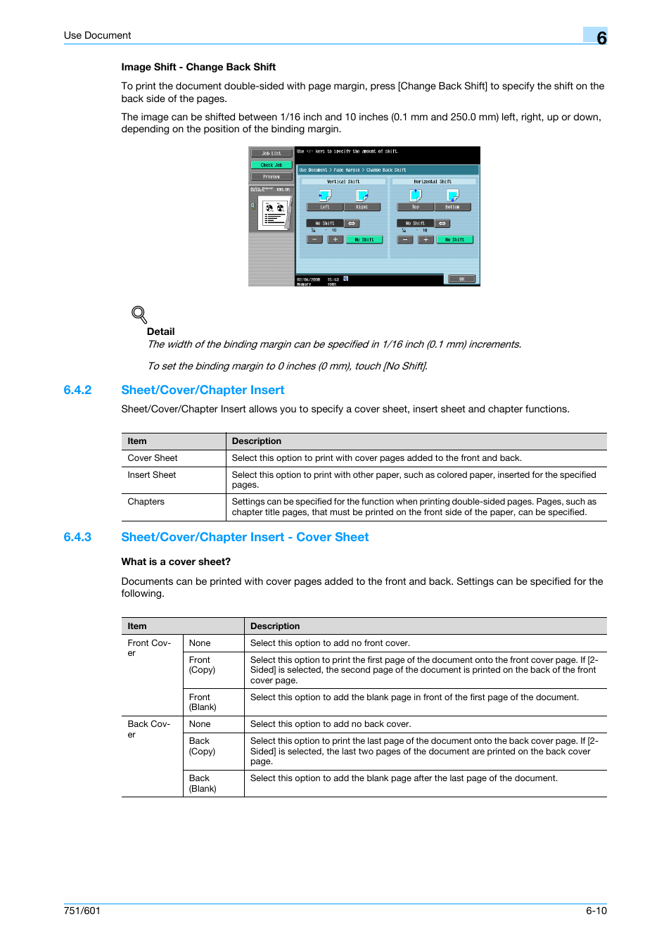 Image shift - change back shift, 2 sheet/cover/chapter insert, 3 sheet/cover/chapter insert - cover sheet | What is a cover sheet, Image shift - change back shift -10, Sheet/cover/chapter insert -10, P. 6-10 | Konica Minolta bizhub 751 User Manual | Page 100 / 238