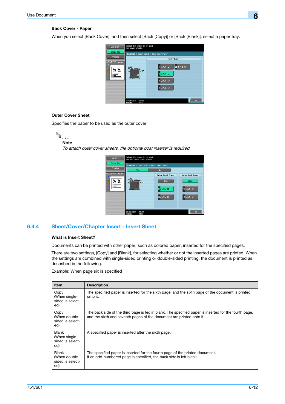 Back cover - paper, Outer cover sheet, 4 sheet/cover/chapter insert - insert sheet | What is insert sheet, Back cover - paper -12 outer cover sheet -12, P. 6-12 | Konica Minolta bizhub 751 User Manual | Page 102 / 238