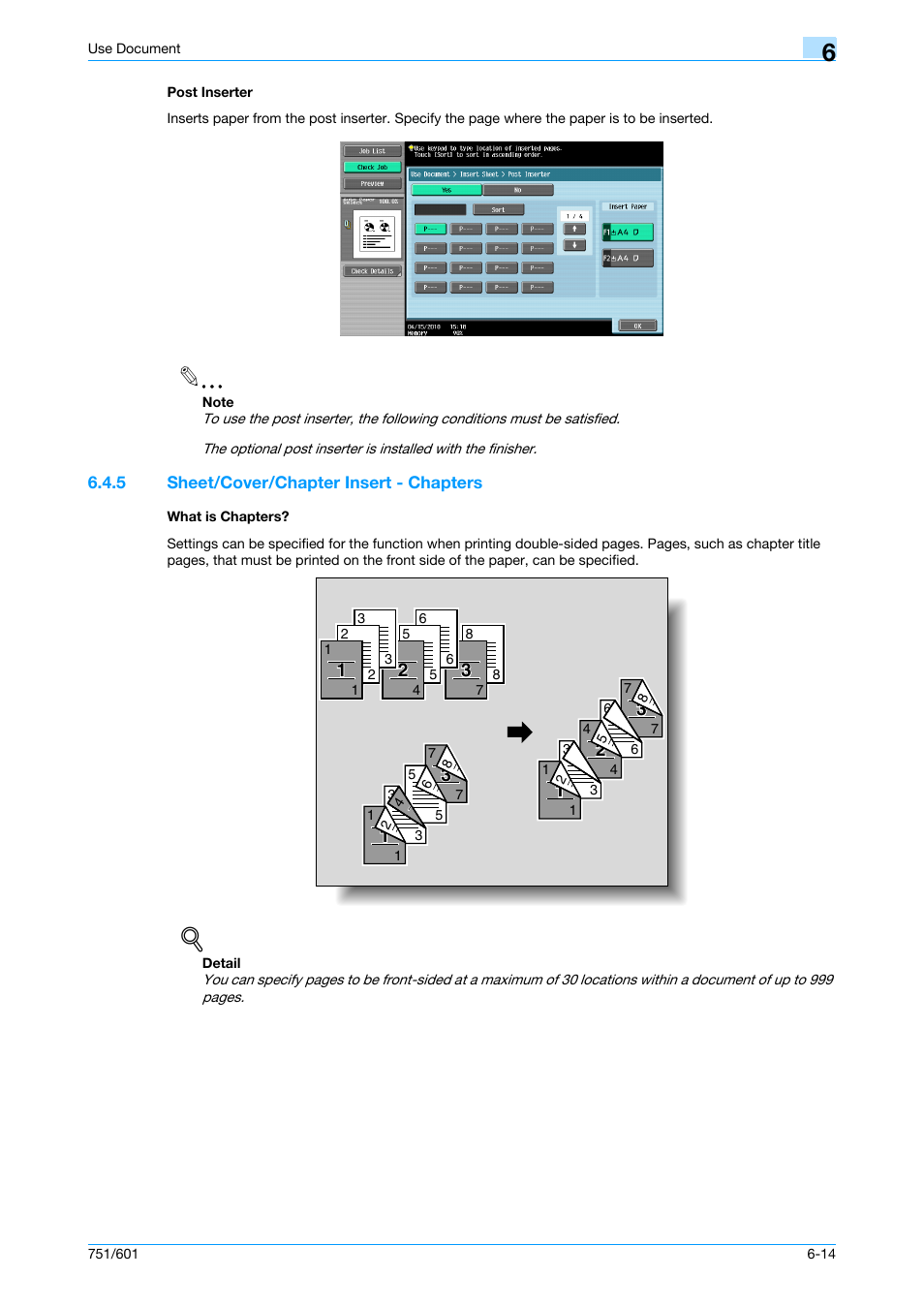 Post inserter, 5 sheet/cover/chapter insert - chapters, What is chapters | Post inserter -14, P. 6-14 | Konica Minolta bizhub 751 User Manual | Page 104 / 238
