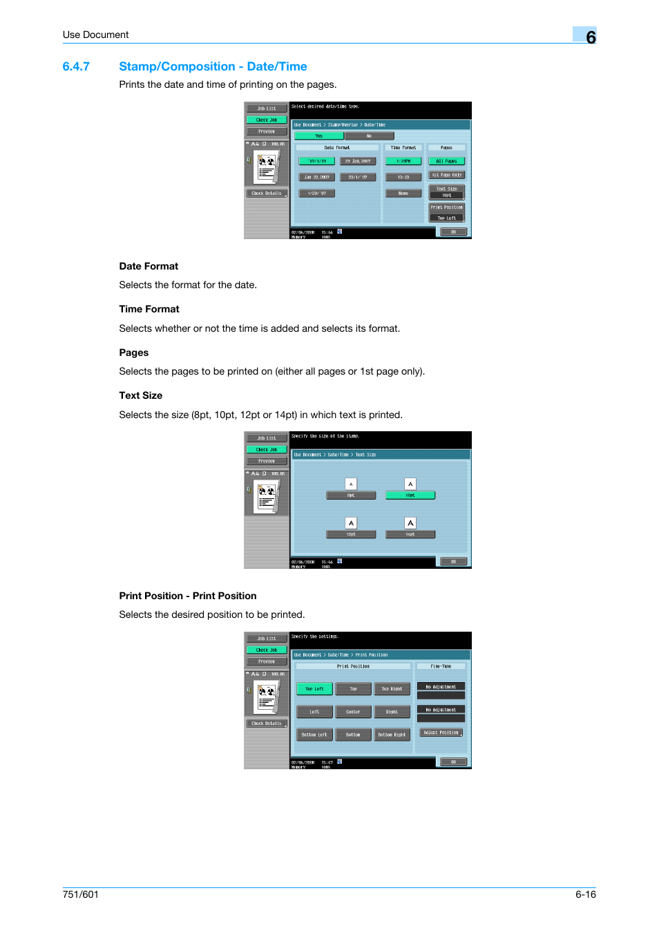 7 stamp/composition - date/time, Date format, Time format | Text size, Print position - print position, P. 6-16 | Konica Minolta bizhub 751 User Manual | Page 106 / 238