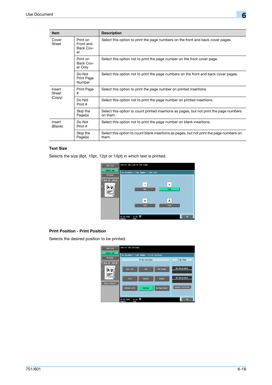 Text size, Print position - print position, Text size -18 print position - print position -18 | P. 6-18 | Konica Minolta bizhub 751 User Manual | Page 108 / 238