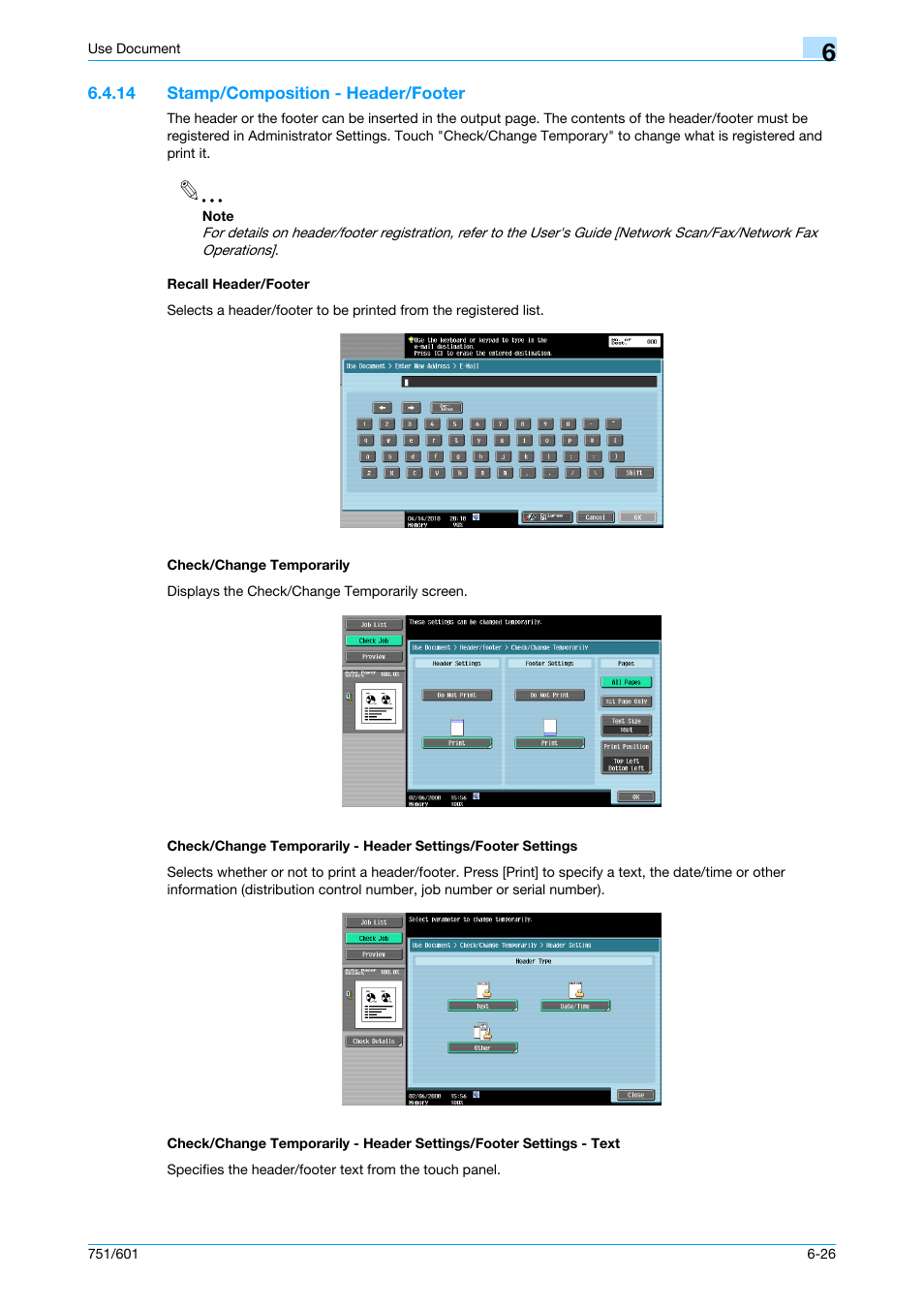 14 stamp/composition - header/footer, Recall header/footer, Check/change temporarily | P. 6-26 | Konica Minolta bizhub 751 User Manual | Page 116 / 238