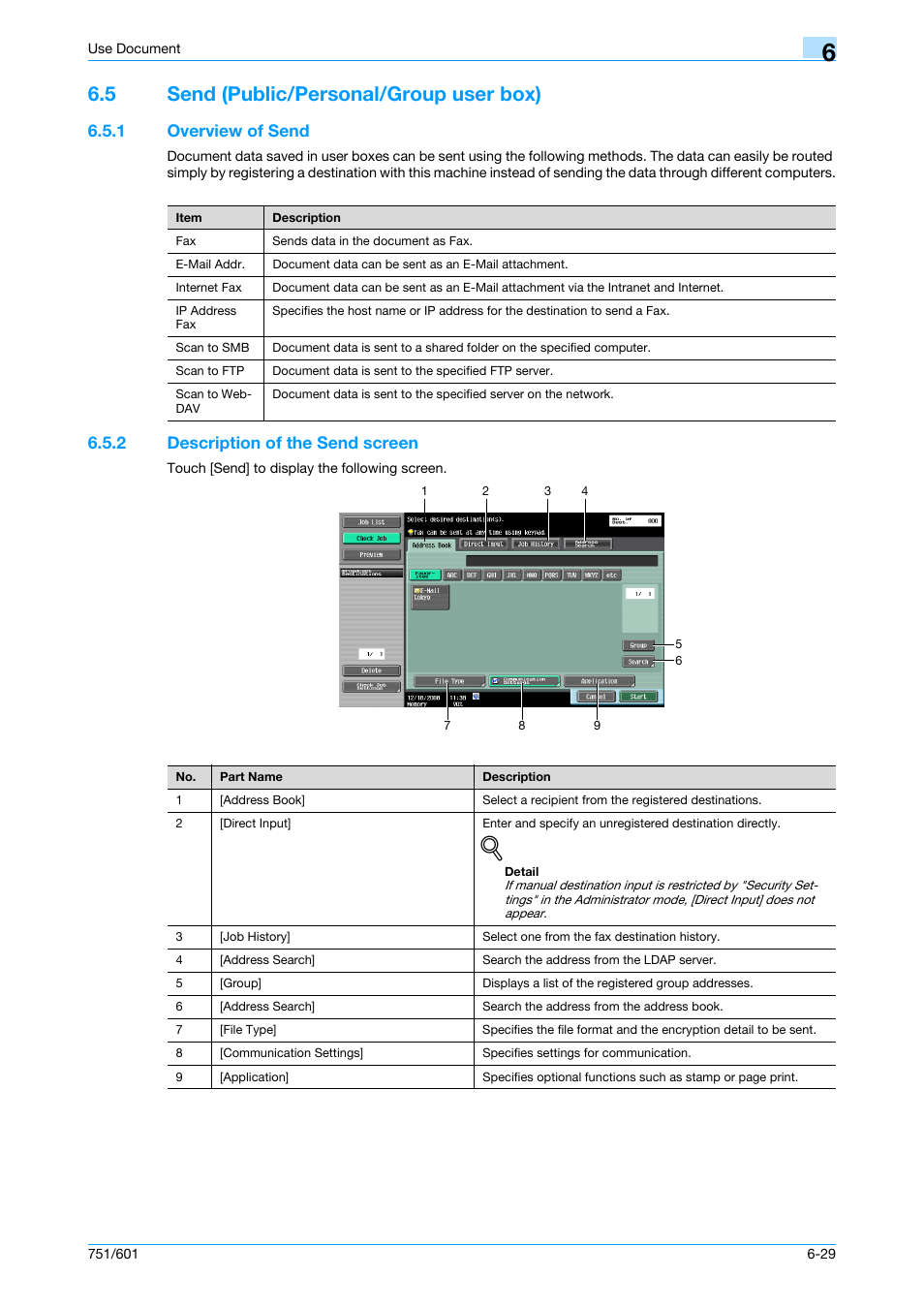 5 send (public/personal/group user box), 1 overview of send, 2 description of the send screen | Send (public/personal/group user box) -29, Overview of send -29, Description of the send screen -29, P. 6-29, Tion settings | Konica Minolta bizhub 751 User Manual | Page 119 / 238