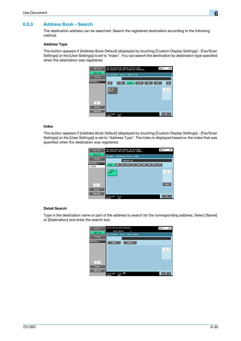 3 address book - search, Address type, Index | Detail search, Detail search -30, P. 6-30 | Konica Minolta bizhub 751 User Manual | Page 120 / 238