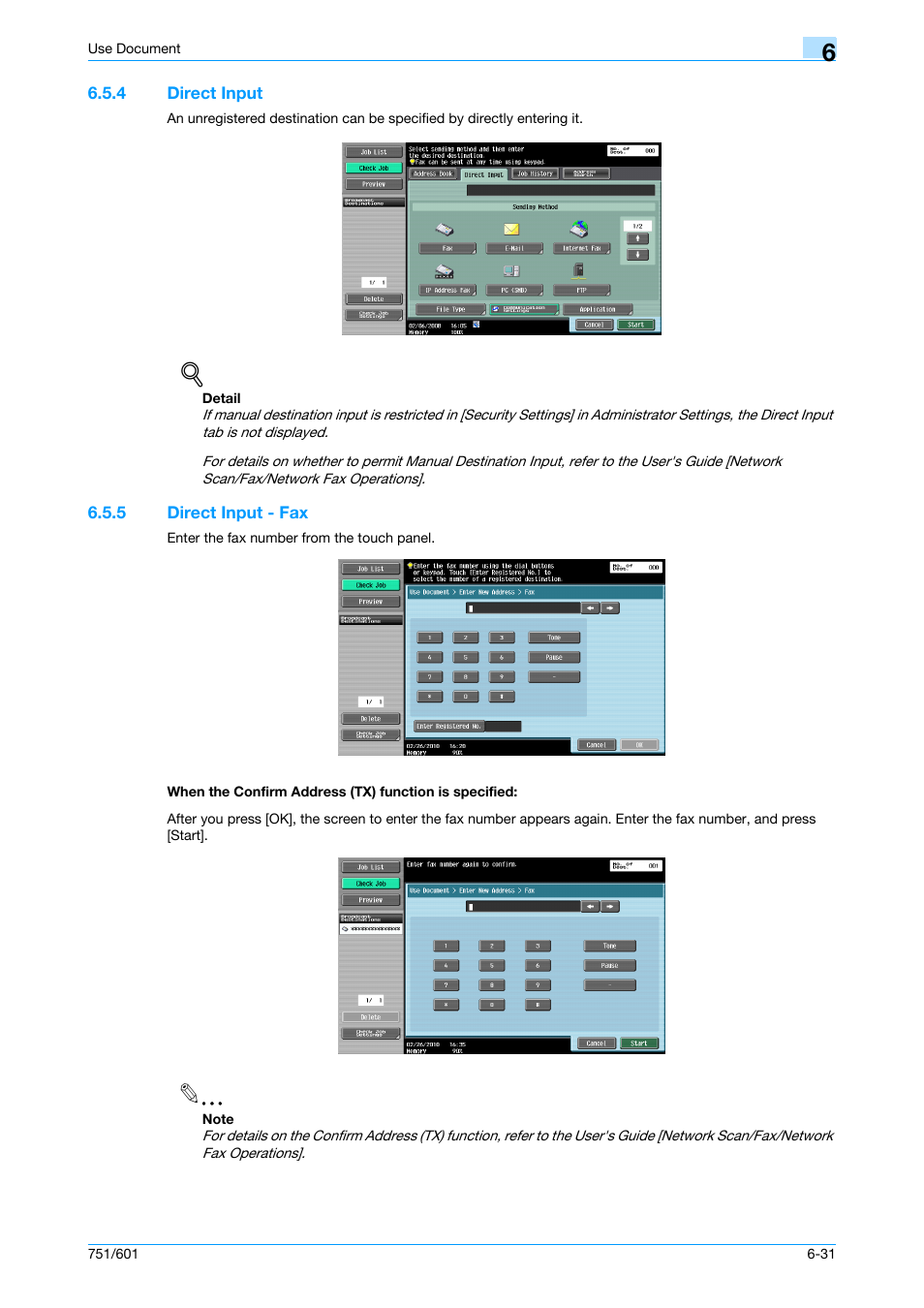 4 direct input, 5 direct input - fax, Direct input -31 | P. 6-31 | Konica Minolta bizhub 751 User Manual | Page 121 / 238