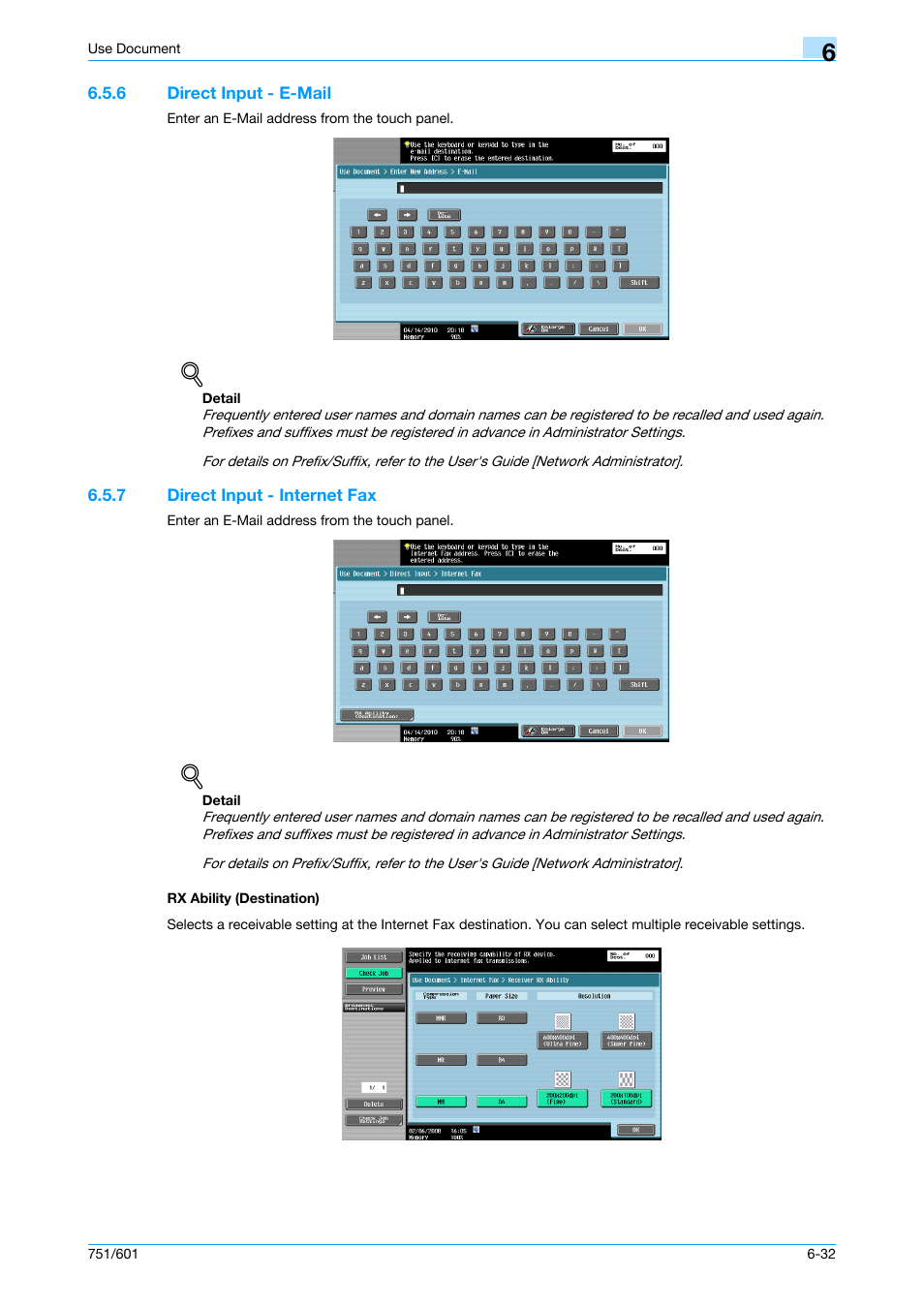 6 direct input - e-mail, 7 direct input - internet fax, Rx ability (destination) | Direct input - e-mail -32, P. 6-32 | Konica Minolta bizhub 751 User Manual | Page 122 / 238