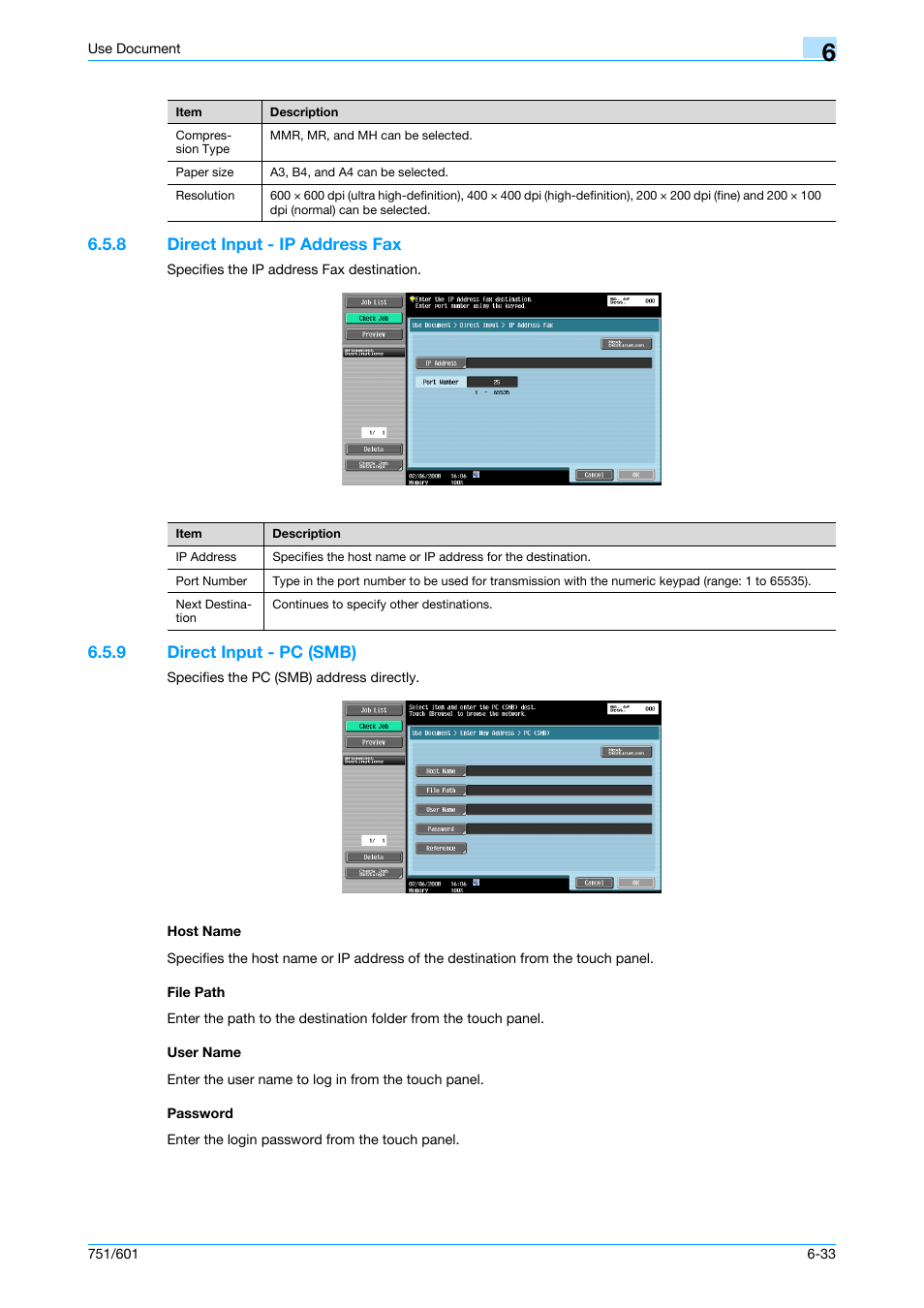 8 direct input - ip address fax, 9 direct input - pc (smb), Host name | File path, User name, Password, Direct input - ip address fax -33, P. 6-33 | Konica Minolta bizhub 751 User Manual | Page 123 / 238