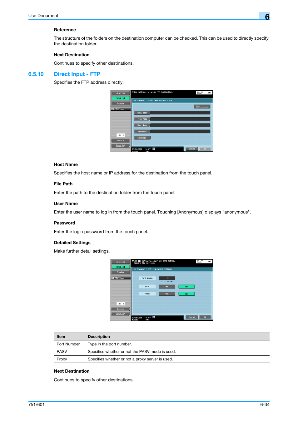 Reference, Next destination, 10 direct input - ftp | Host name, File path, User name, Password, Detailed settings, Reference -34 next destination -34, P. 6-34 | Konica Minolta bizhub 751 User Manual | Page 124 / 238