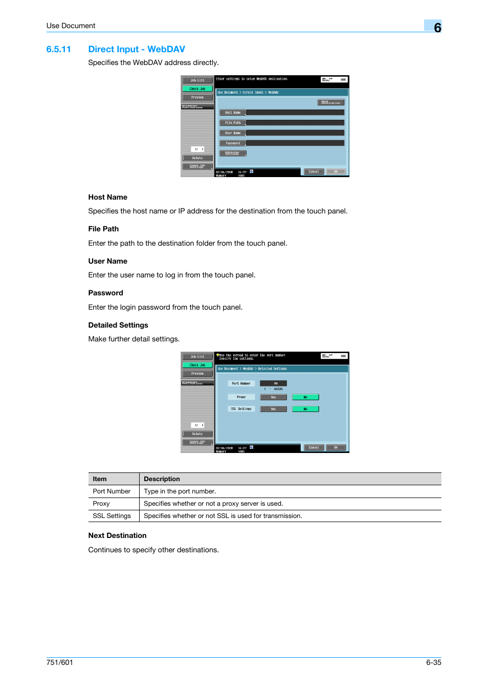 11 direct input - webdav, Host name, File path | User name, Password, Detailed settings, Next destination, P. 6-35 | Konica Minolta bizhub 751 User Manual | Page 125 / 238