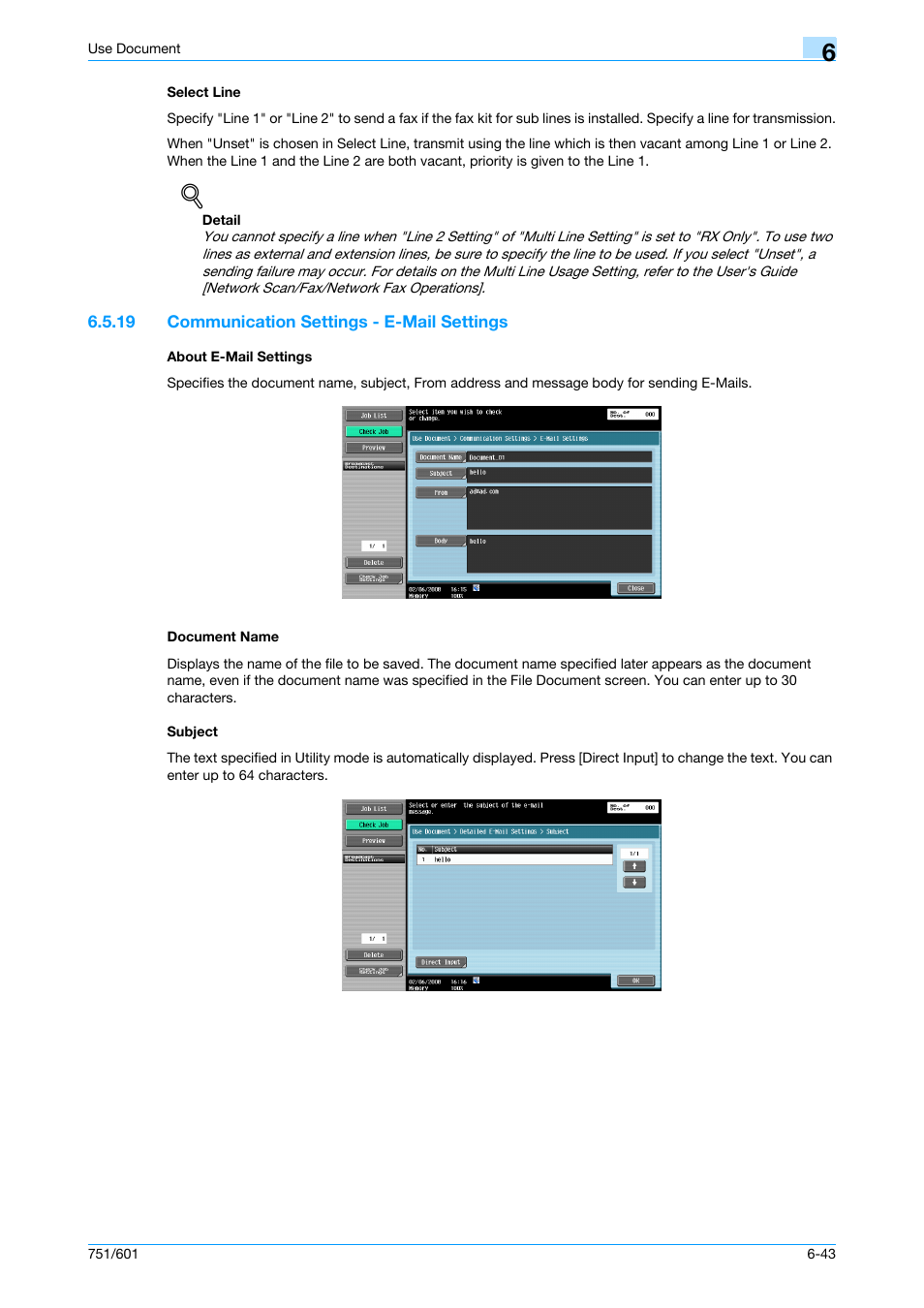 Select line, 19 communication settings - e-mail settings, About e-mail settings | Document name, Subject, Select line -43, P. 6-43 | Konica Minolta bizhub 751 User Manual | Page 133 / 238