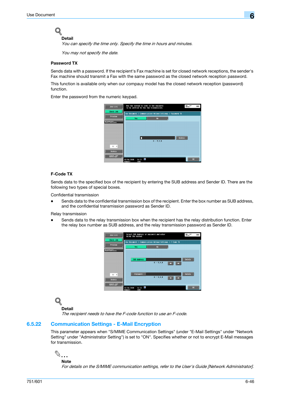 Password tx, F-code tx, 22 communication settings - e-mail encryption | Password tx -46 f-code tx -46, Communication settings - e-mail encryption -46, P. 6-46 | Konica Minolta bizhub 751 User Manual | Page 136 / 238