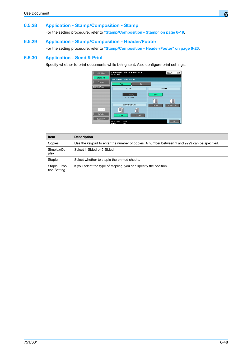 28 application - stamp/composition - stamp, 29 application - stamp/composition - header/footer, 30 application - send & print | Application - stamp/composition - stamp -48, Application - send & print -48, P. 6-48 | Konica Minolta bizhub 751 User Manual | Page 138 / 238