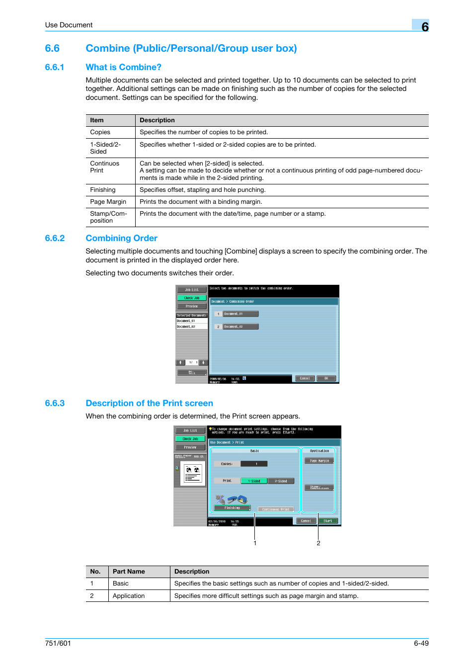 6 combine (public/personal/group user box), 1 what is combine, 2 combining order | 3 description of the print screen, Combine (public/personal/group user box) -49, What is combine? -49, Combining order -49, Description of the print screen -49, P. 6-49 | Konica Minolta bizhub 751 User Manual | Page 139 / 238
