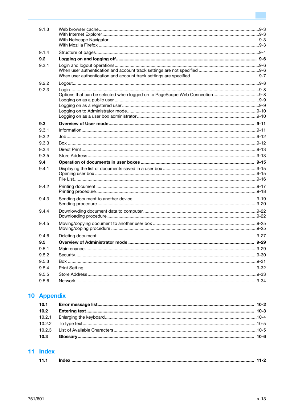 10 appendix, 11 index | Konica Minolta bizhub 751 User Manual | Page 14 / 238