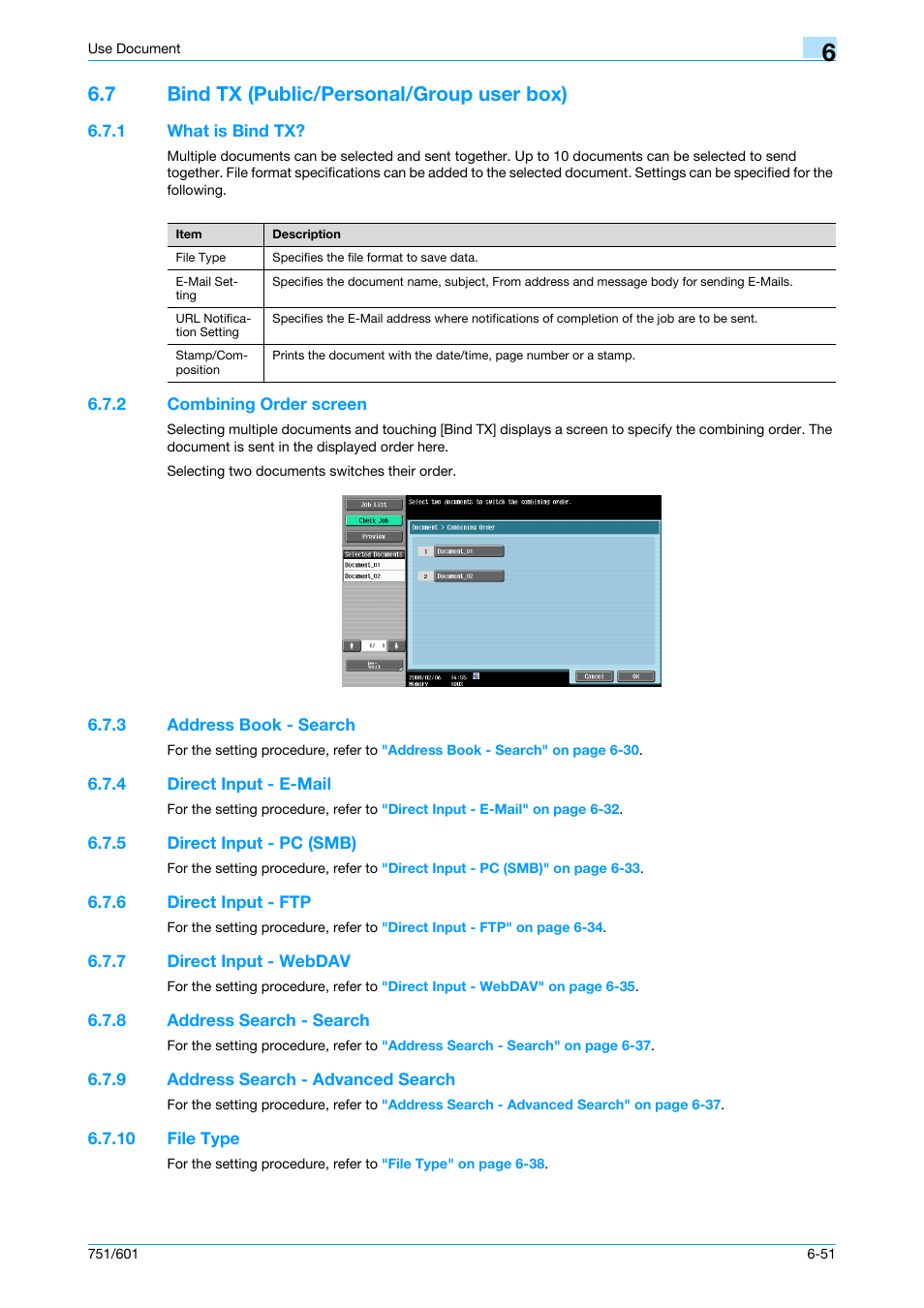 7 bind tx (public/personal/group user box), 1 what is bind tx, 2 combining order screen | 3 address book - search, 4 direct input - e-mail, 5 direct input - pc (smb), 6 direct input - ftp, 7 direct input - webdav, 8 address search - search, 9 address search - advanced search | Konica Minolta bizhub 751 User Manual | Page 141 / 238