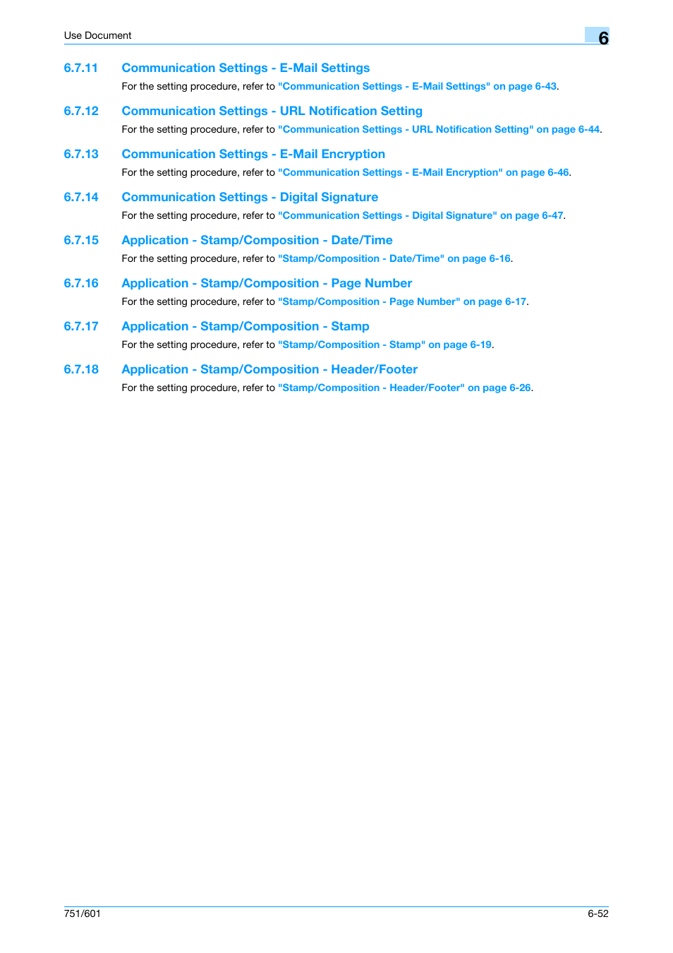 11 communication settings - e-mail settings, 13 communication settings - e-mail encryption, 14 communication settings - digital signature | 15 application - stamp/composition - date/time, 17 application - stamp/composition - stamp, 18 application - stamp/composition - header/footer, Communication settings - e-mail settings -52, Communication settings - e-mail encryption -52, Communication settings - digital signature -52, Application - stamp/composition - date/time -52 | Konica Minolta bizhub 751 User Manual | Page 142 / 238