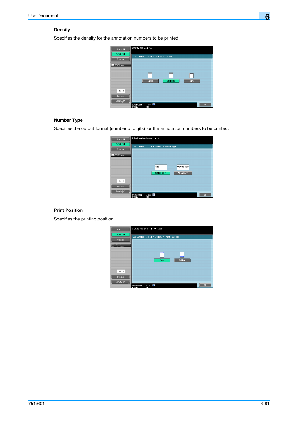 Density, Number type, Print position | Density -61 number type -61 print position -61 | Konica Minolta bizhub 751 User Manual | Page 151 / 238