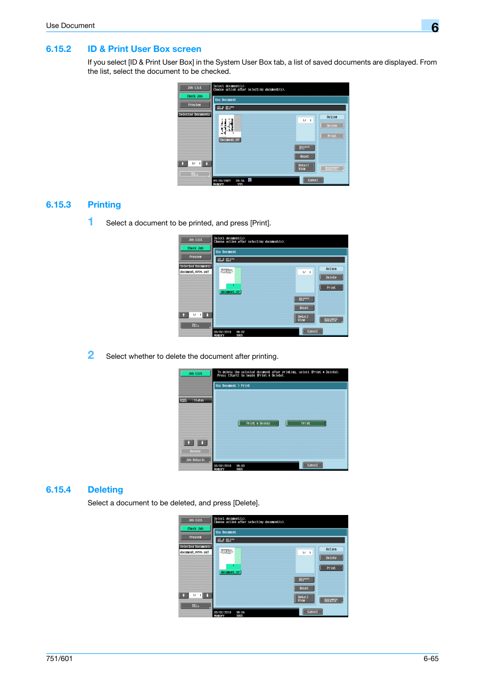 2 id & print user box screen, 3 printing, 4 deleting | Id & print user box screen -65, Printing -65, Deleting -65 | Konica Minolta bizhub 751 User Manual | Page 155 / 238