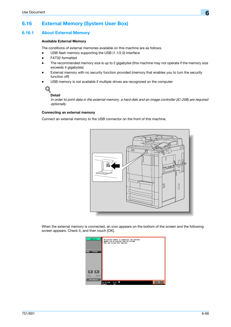 16 external memory (system user box), 1 about external memory, Available external memory | Connecting an external memory, External memory (system user box) -66, P. 6-66 | Konica Minolta bizhub 751 User Manual | Page 156 / 238