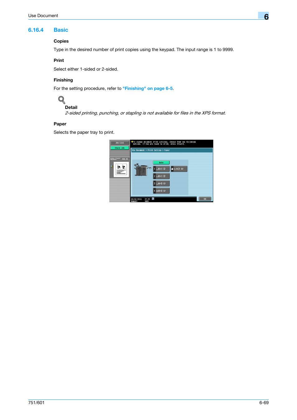 4 basic, Copies, Print | Finishing, Paper, P. 6-69 | Konica Minolta bizhub 751 User Manual | Page 159 / 238
