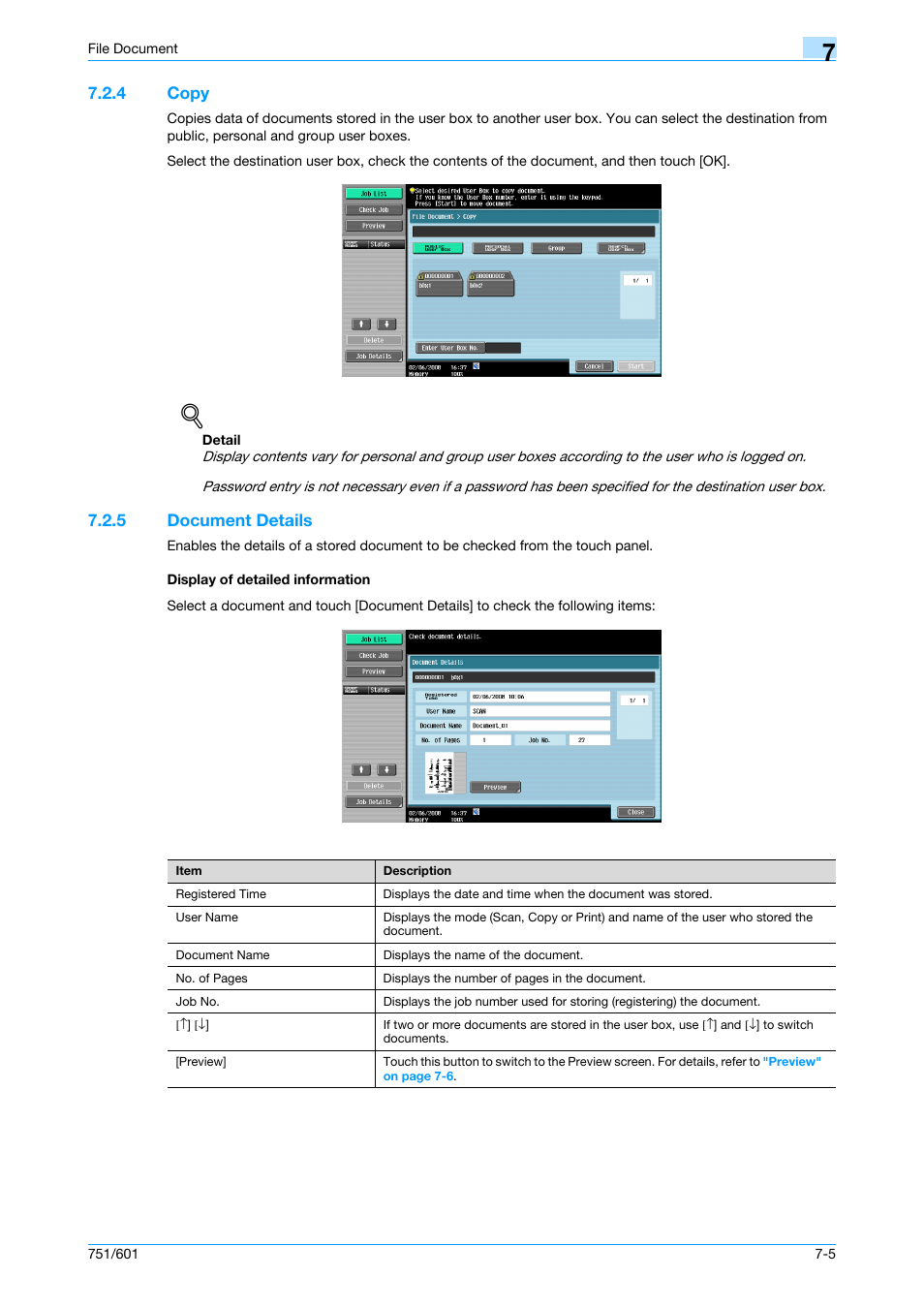 4 copy, 5 document details, Display of detailed information | Copy -5, Nformation, refer to, Document details" on, Copy, P. 7-5 | Konica Minolta bizhub 751 User Manual | Page 164 / 238