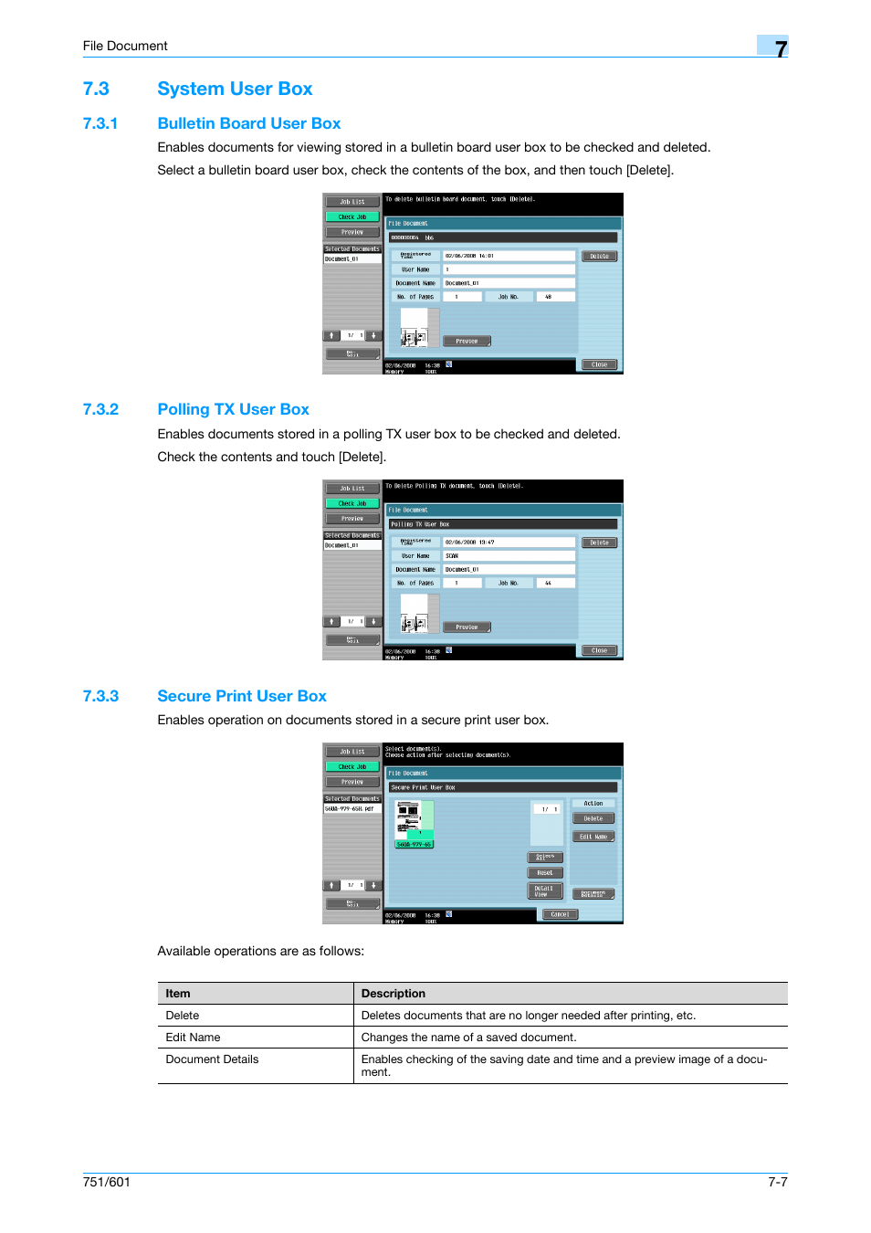 3 system user box, 1 bulletin board user box, 2 polling tx user box | 3 secure print user box, System user box -7, Bulletin board user box -7, Polling tx user box -7, Secure print user box -7, P. 7-7, Er box, refer to | Konica Minolta bizhub 751 User Manual | Page 166 / 238