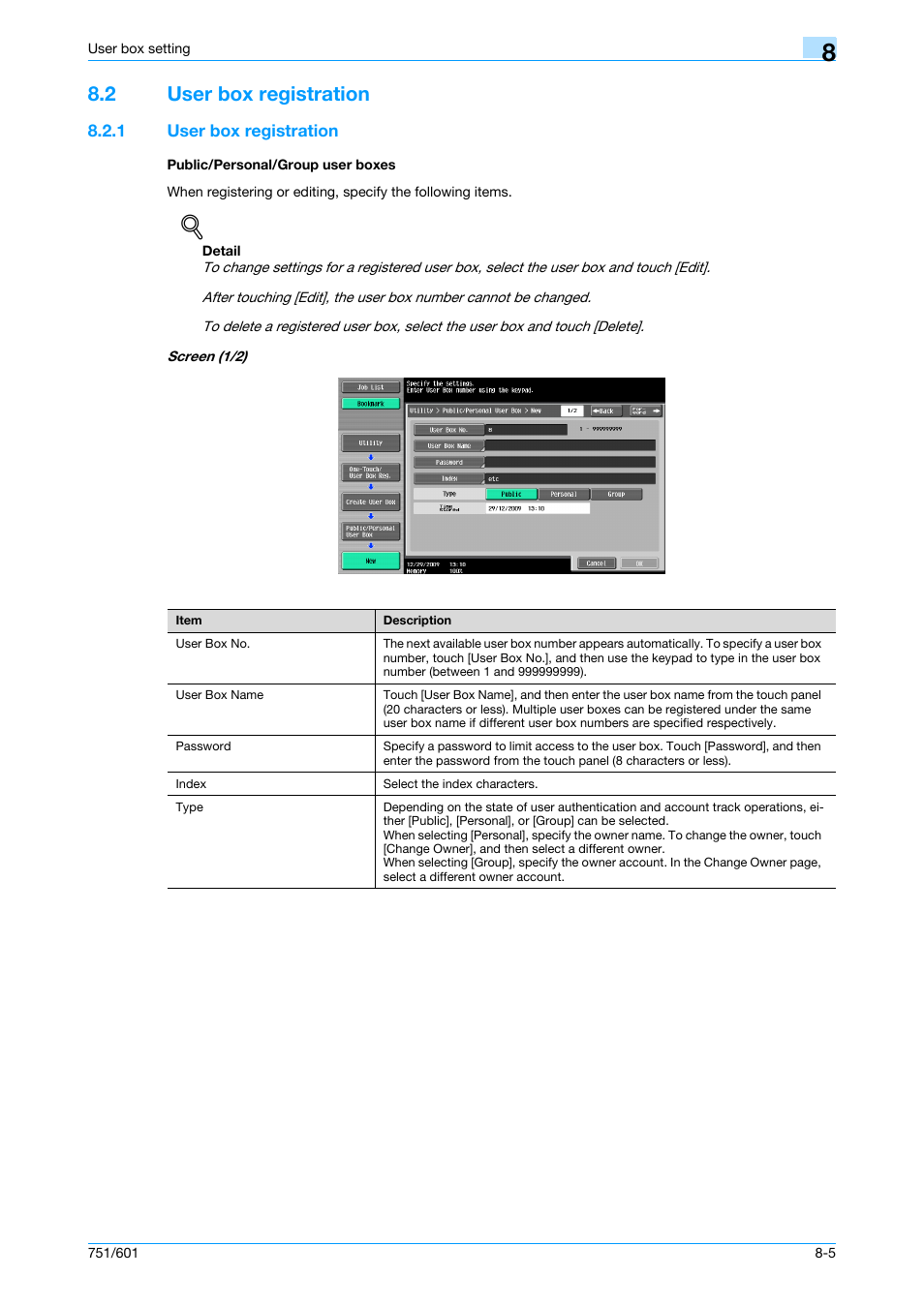 2 user box registration, 1 user box registration, Public/personal/group user boxes | User box registration -5, P. 8-5 | Konica Minolta bizhub 751 User Manual | Page 173 / 238