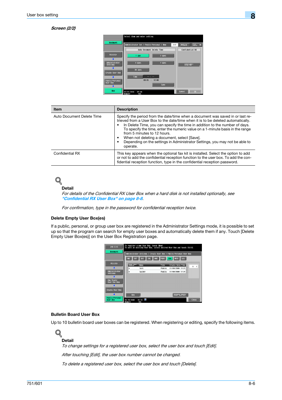 Delete empty user box(es), Bulletin board user box, P. 8-6 | Konica Minolta bizhub 751 User Manual | Page 174 / 238