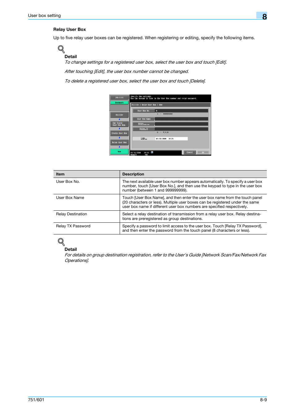 Relay user box, Relay user box -9, Nts temporarily | P. 8-9 | Konica Minolta bizhub 751 User Manual | Page 177 / 238