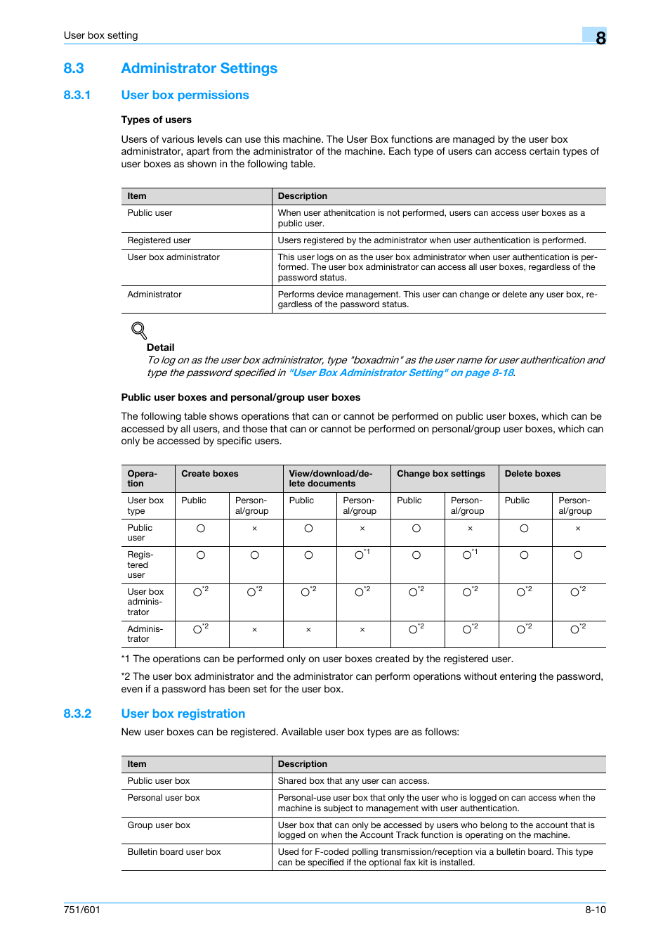 3 administrator settings, 1 user box permissions, Types of users | Public user boxes and personal/group user boxes, 2 user box registration, Administrator settings -10, User box registration -10, P. 8-10 | Konica Minolta bizhub 751 User Manual | Page 178 / 238
