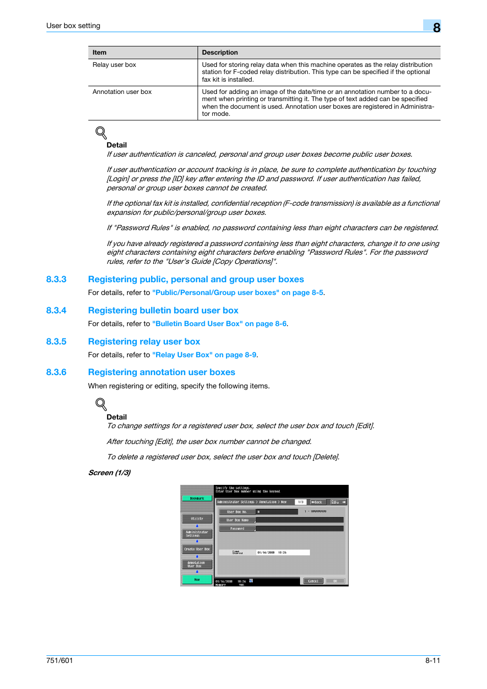 4 registering bulletin board user box, 5 registering relay user box, 6 registering annotation user boxes | Registering bulletin board user box -11, Registering relay user box -11, Registering annotation user boxes -11, P. 8-11 | Konica Minolta bizhub 751 User Manual | Page 179 / 238
