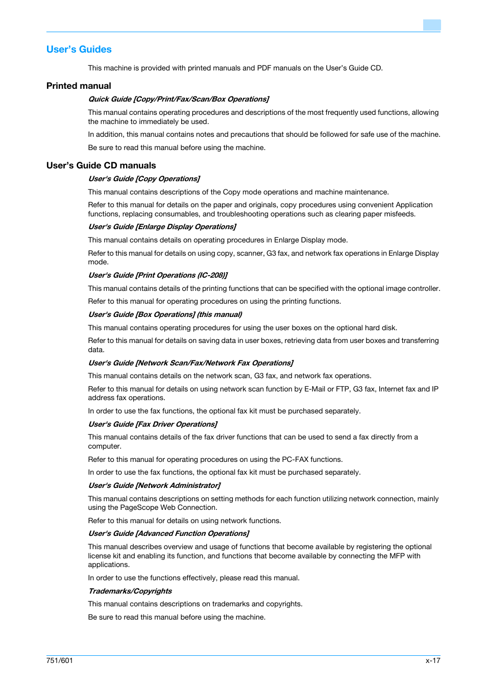 User’s guides, Printed manual, User’s guide cd manuals | Konica Minolta bizhub 751 User Manual | Page 18 / 238