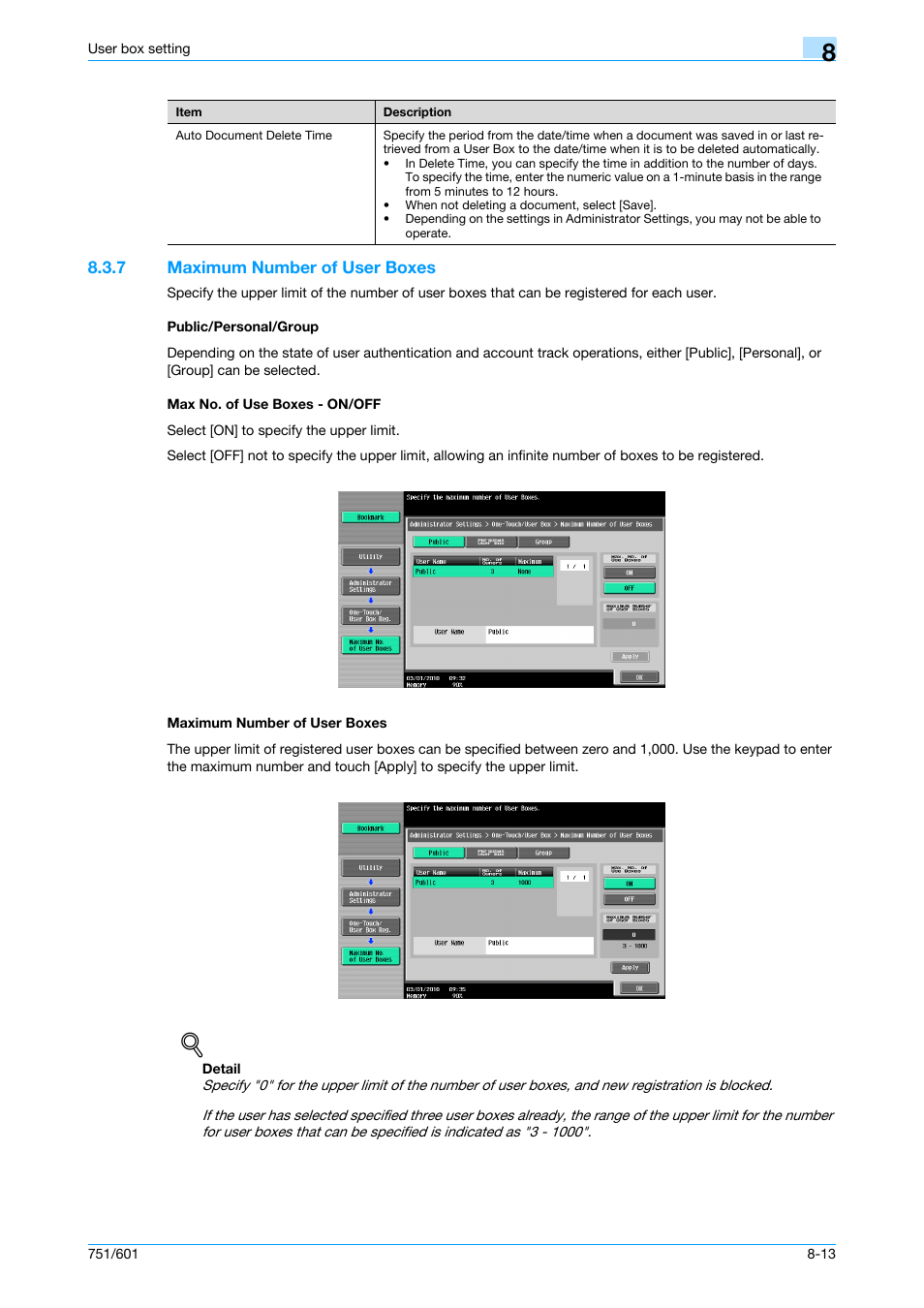 7 maximum number of user boxes, Public/personal/group, Max no. of use boxes - on/off | Maximum number of user boxes, P. 8-13 | Konica Minolta bizhub 751 User Manual | Page 181 / 238