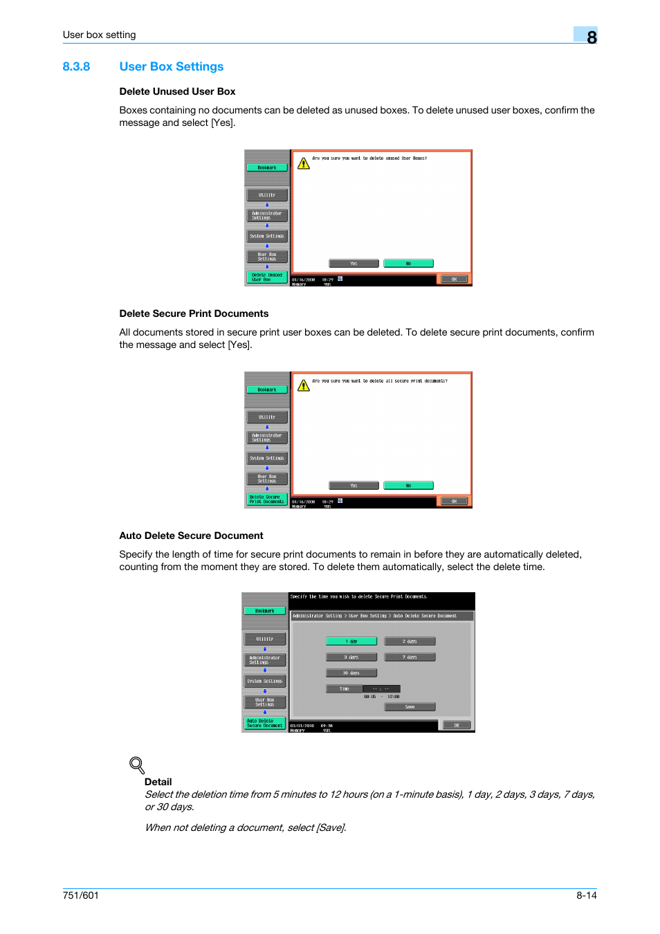 8 user box settings, Delete unused user box, Delete secure print documents | Auto delete secure document, P. 8-14 | Konica Minolta bizhub 751 User Manual | Page 182 / 238