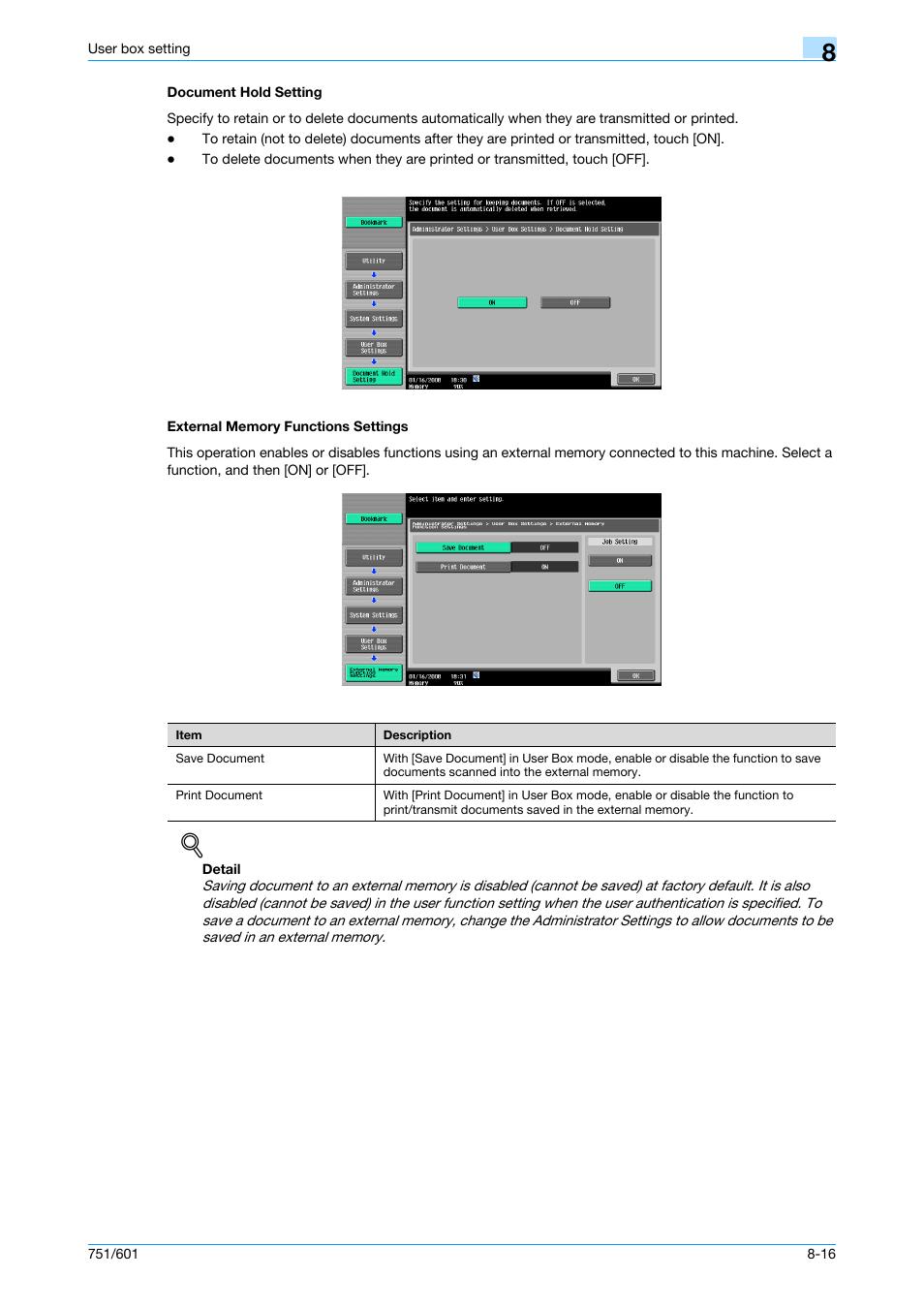 Document hold setting, External memory functions settings, P. 8-16 | Konica Minolta bizhub 751 User Manual | Page 184 / 238
