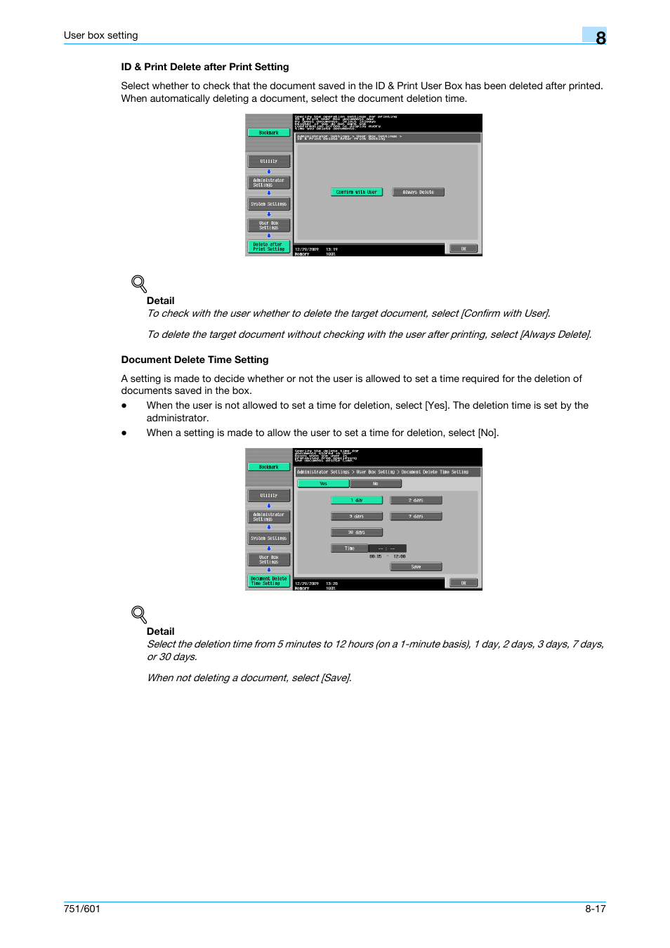 Id & print delete after print setting, Document delete time setting, Tting | P. 8-17 | Konica Minolta bizhub 751 User Manual | Page 185 / 238